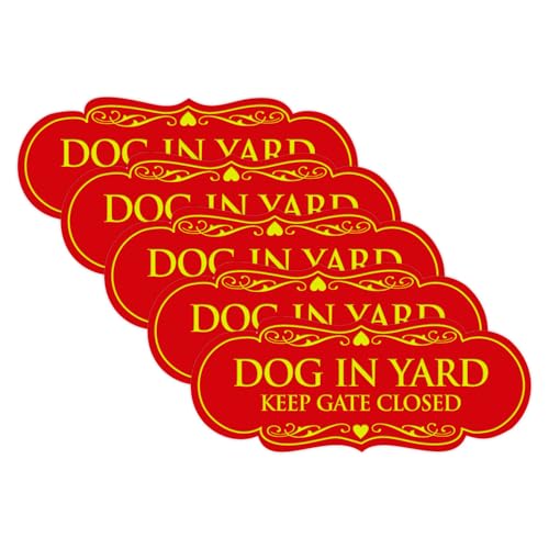 Signs ByLITA Designer Dog in Yard Keep Gate Closed Wall or Door Sign - Easy to Install | Durable Dog Safety Signs (Red/Yellow) - Large 5 Pack