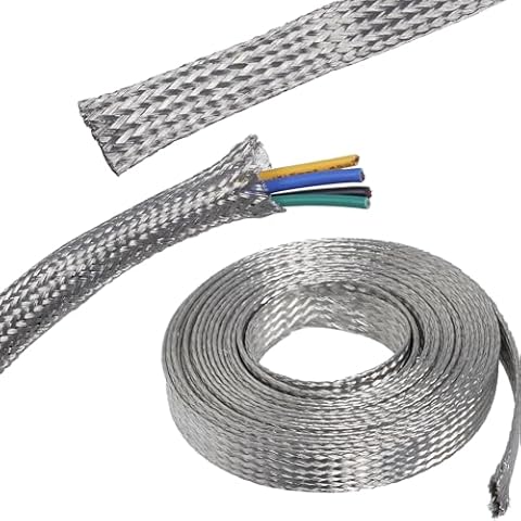 Flexible Flat Tinned Copper Braid Sleeve,Metal Mesh Radio Ground Straps,Tin Copper Metallic Shielding Harnesses Cables (11/16"-18ft, Silver) Cover