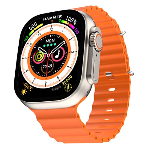 Hammer Ace Ultra 1.96″ Bluetooth Calling Smart Watch with Rotating Crown, Metallic Body, 600 Nits AOD, Spo2, HR, BP & 2 Straps (Grey & Orange)