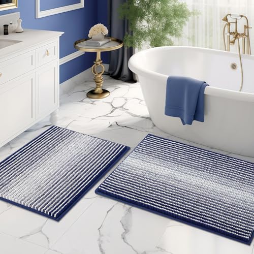 BSICPRO Bathroom Rugs and Mats Sets, 2 Piece Thick Absorbent Chenille Bath Mat Rug Set Non Slip, Soft Shaggy Bath Room Floor Mats for Bathroom, Machine Washable (20" x 32" Plus 16" x 24", Navy)