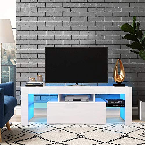 Recaceik Modern TV Stand, LED Media Console High Gloss 12 Colors Remote Control Lights, Cabinet with Drawer & Shelves, 55 Inch Entertainment Center for Living Room Home Office, White