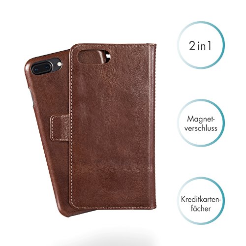 PAZZiMO Leather Case voor Apple iPhone 7 Plus & iPhone 8 Plus - Handytasche 2in1 met uitneembare magnetische Leather Case - Cover van echt leer - Wallet Case met kaartsleuven in Brown