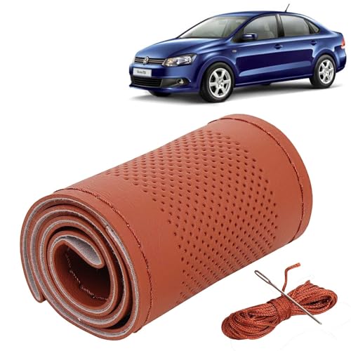 Image of KINGSWAY PU Leatherite Car Steering Cover Sewable Compatible with Volkswagen Vento (Year 2010-2017), Tan Color with Tan Thread, Pack of 1 with Sewing Needle and Thread