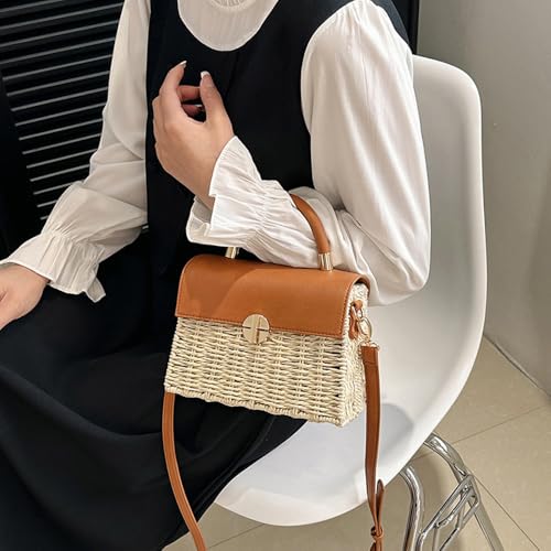 Women Straw Beach Bag, Small Retro Crossbody Shoulder Bag Rattan Purse Top Handle Square Handbag2