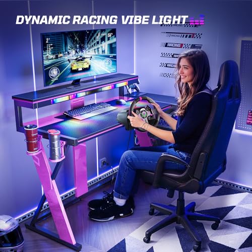 Image of Bestier Computer Desk with Music Sync Light, Flow Vibe Corner Desk with Monitor Stand and PS5 Storage Shelves, Cup Holders, and Headset Hooks for Bedroom Small Space (Black Purple, 57 Inch)