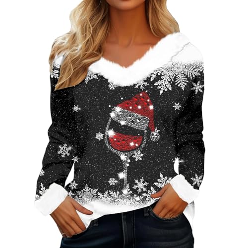 Weihnachtspullover Damen Casual V-Ausschnitt Weihnachts Sweatshirts...