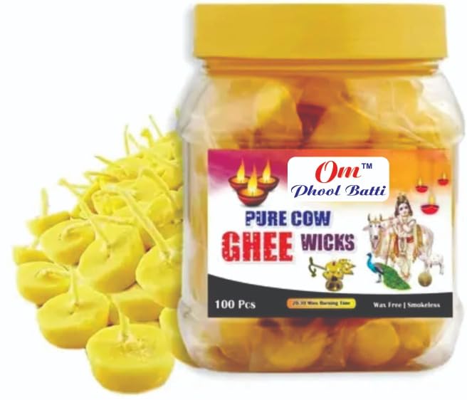 Om Phool Batti Cow Ghee Diya Batti for Puja, 30 min Burning Time, 100% Wax Free Pooja Ghee Batti for Home Decoration, Festivals & Religious Rituals | Handmade Cotton Wicks - 100 Pcs.-image-49