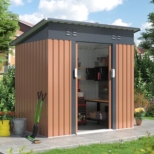 Image of DAUSOLA 6x4 FT Outdoor Storage Shed, Metal Garden Tool Shed with Updated Frame Structure and Lockable Doors, Ideal for Backyard Garden Patio Lawn, Brown