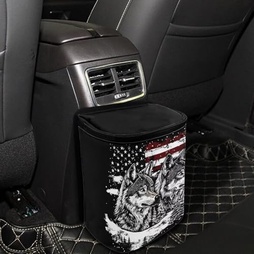 Image of Talayituse Wolf American Flag Print Car Trash Bin, Large Size Auto Trash Can Adjustable Portable Garbage Can with Lid, Vehicle Hanging Bag for Headrest Front Back Seat