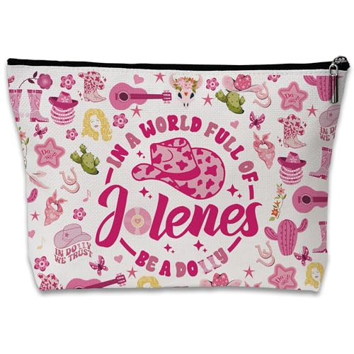 Pink Cowgirls Makeup Bag, Country Music Lover Gift Silky Lining Cosmetic Pouch, Western Country Pink Dolly Theme Gift for Women Country Music Fans