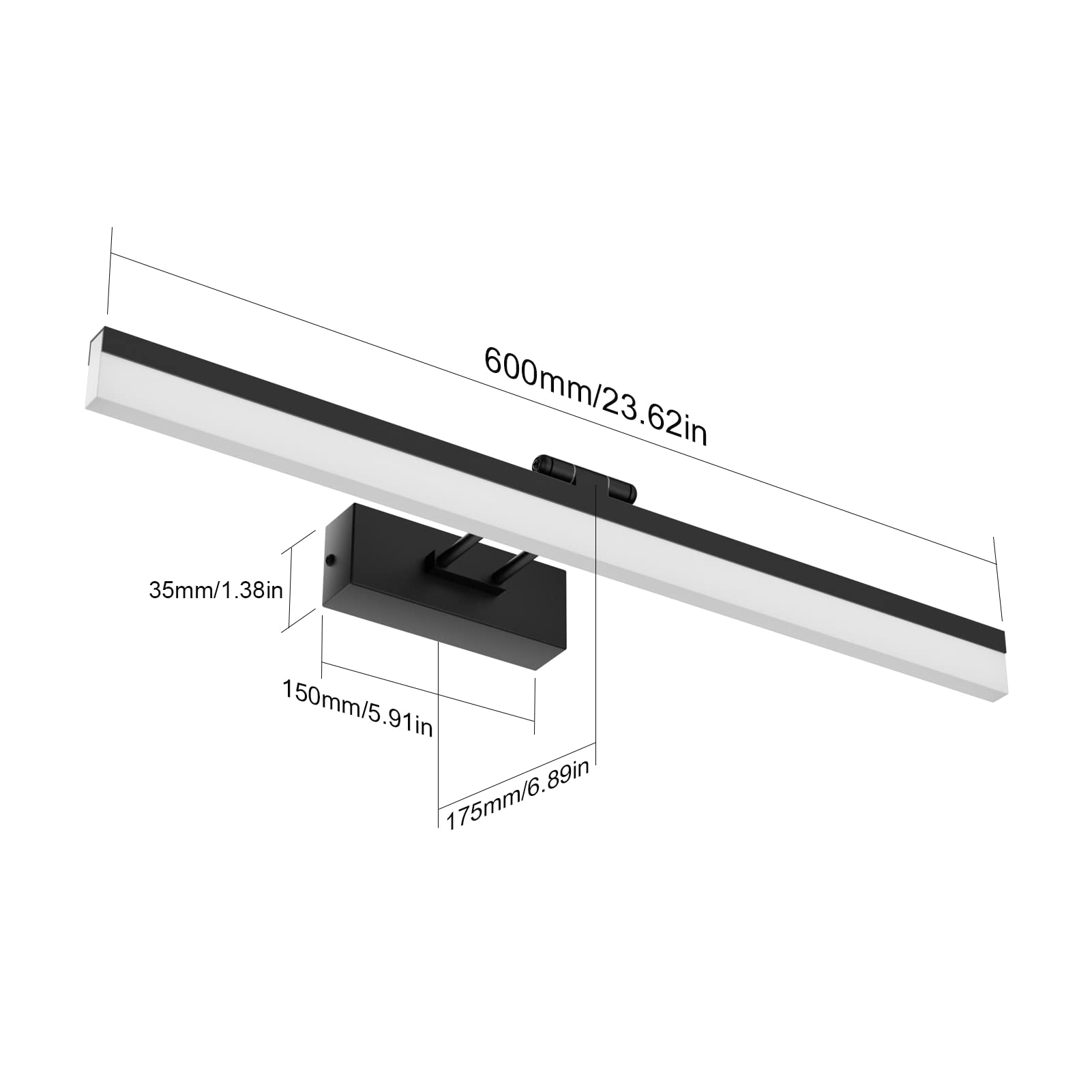 Klighten LED Spiegellampe Badezimmer 14W 910Lumen, 60cm Schwarz Spiegelleuchte Bad, 180 Grad Einstellbar Modern Wandleuchte Badlampe Wand Aluminium, Kalt Weiß 6000K