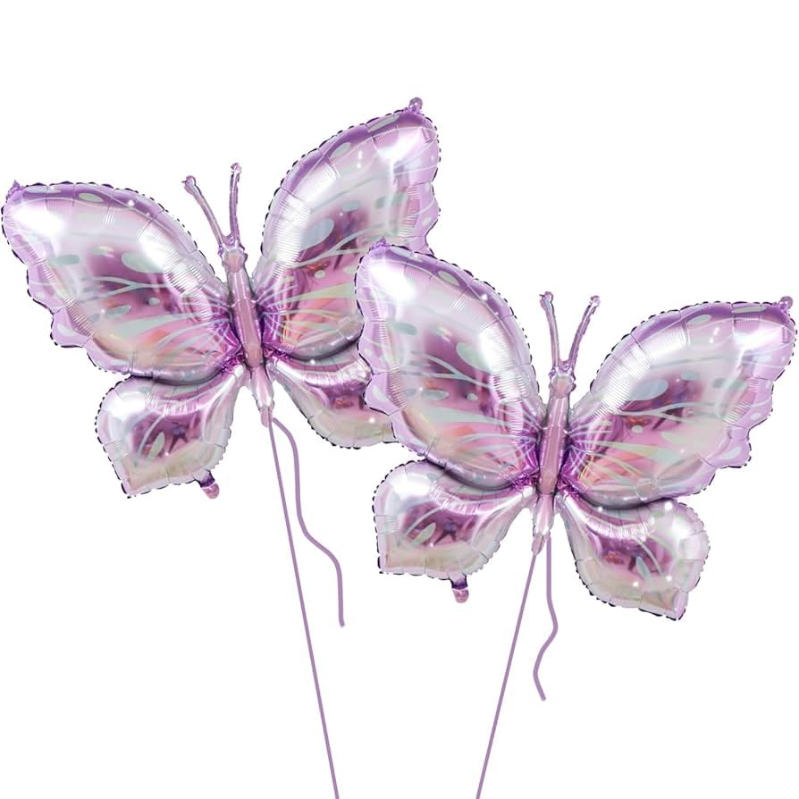 Image of AMFIN (Pack of 2) Large Butterfly Foil Balloons 34 Inch Gradient Birthday Party Decorations | Helium & Air Compatible - Purple