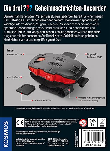 Die Drei ??? Geheimnachrichten-Recorder von KOSMOS, Aufnahmegerät mit Verschlüsselung für Botschaften, Geheimnisse, Beobachtungen, Detektiv Spielzeug Set für Kinder ab 8 Jahre, mit Armband