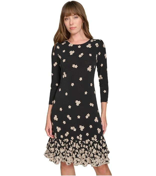 Image of Tommy Hilfiger Women's 3 /4 Sleeve Crew Neck Double Ruffle Hem Jersey Shift Mini Dress