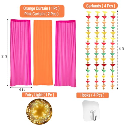 Image of Party Propz Pink Orange Ganpati Decoration Setup for Home - 12Pcs Ganpati Backdrop Decoration with Hanging & Lights, Varamahalakshmi Decorative Items, Janmashtami, Pooja Backdrop Cloth, Haldi Decor