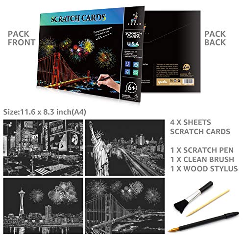 ap artsper rainbow scratch art painting paper a4 for kids amp adults diy night view scratchboard set 4 sheets scratch cards amp drawing pen clean brush usa