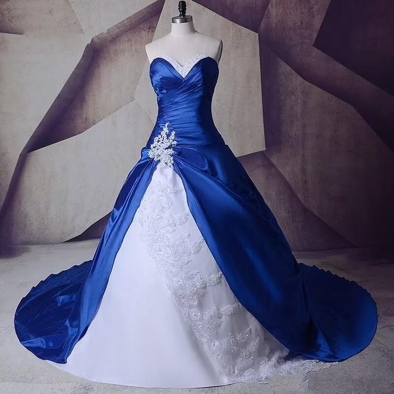 Sweetheart A line Satin Tulle Wedding Dresses Royal Blue White Lace Applique Corset Back 20252