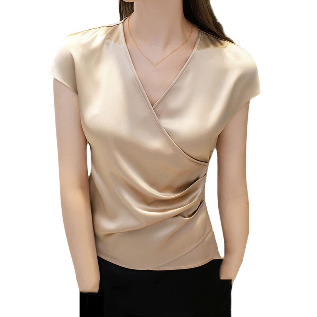 Camisetas de Seda de Manga Corta con Cuello en V para Mujer, Camisa de Gasa Satinada de Verano para Mujer, Blusa de Trabajo y Oficina Pic S