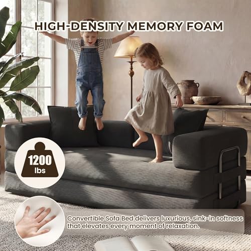 Image of GRUSIGN 78 inch 5-in-1 Convertible Futon Sofa Bed, Boneless Corduroy, Grey