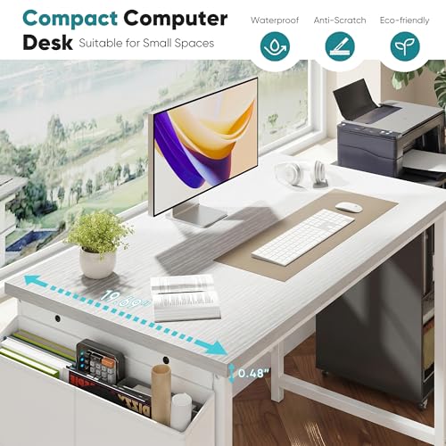 Image of OLIXIS Computer Desk, 44 Inch Gaming Desks for Home Office Small Spaces | Writing Study Craft Work Table, Computer Workstation for Bedroom with Storage Bag, All White