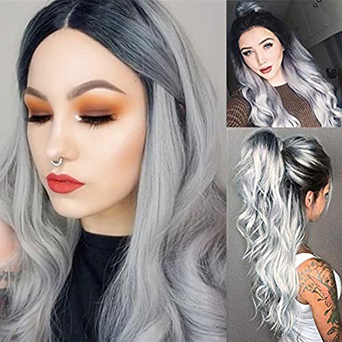 Baruisi Ombre Silver Wigs Dark Roots Long Wavy Synthetic Natural Middle Parting Wig for Women