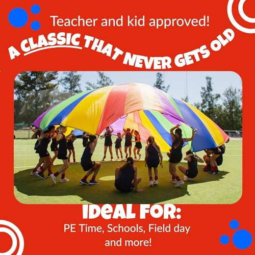 Image of Activejoy - Parachute for Kids - 8ft /12ft / 16ft / 20ft / 24 ft / 30ft - Rainbow Parachute Toy with Handles - Great for Gym Class, Field Day & Outdoor Games