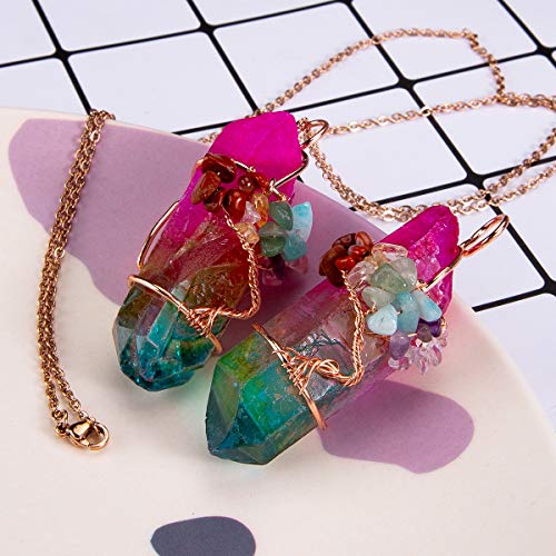 Bivei Tree of Life 7 Chakra Gemstone Copper Wire Wrap Irregular Clear Quartz Point Crystal Pendant Necklace(Rose Gold Plated Chakra-Titanium Coated Multi Color)