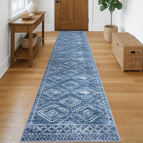 KILOCOCO Hallway Runner Rug 2x10 Runners for Hallways Washable Runner Rug Non Slip Rubber Backed Low-Pile Runners for Bedroom Kitchen Living Room Laundry Room Boho Rugs, Stonewashed Blue