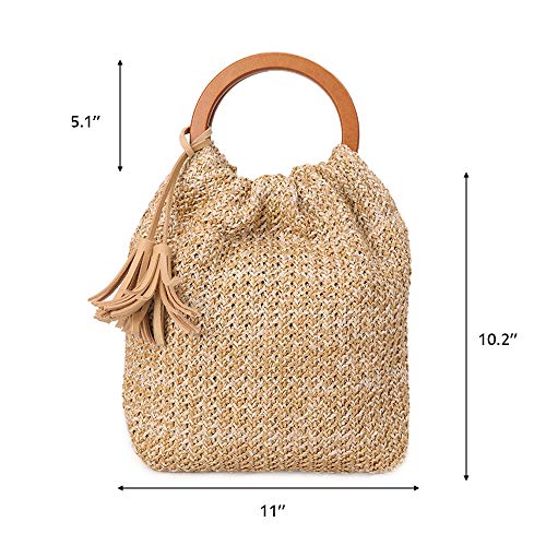 Bolso tote grande de paja tejido con asa redonda de madera miniatura 3