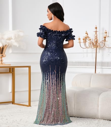 Image of dasmzper Women Sexy Sequin Off Shoulder Ruffle Short Sleeve Bodycon Mermaid Party Formal Evening Maxi Dress