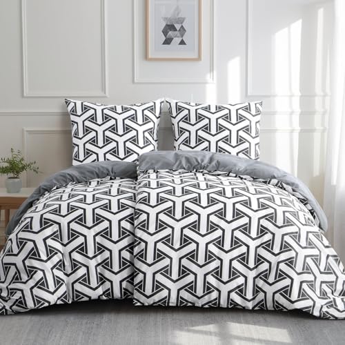 Aisbo Bettwäsche 135x200 4teilig Bettdeckenbezug - Bettwäsche Set 135 x 200 Geometrisch Grau Muster mit 2 Kissenbezügen 80x80 cm, Mikrofaser...