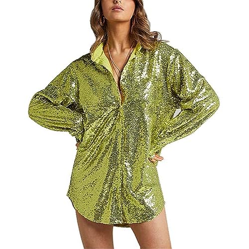 Perbai Womens Loose Button Down Sequin Shirt V Neck Oversized Glitter Sparkly Mini Tunic...