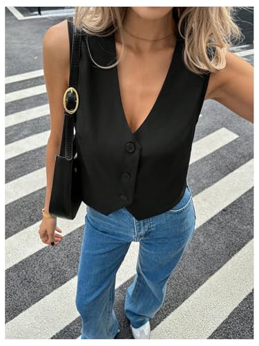 Milumia Women's V Neck Sleeveless Blazer Vest Top Button Front Going Out Crop Tank Top4