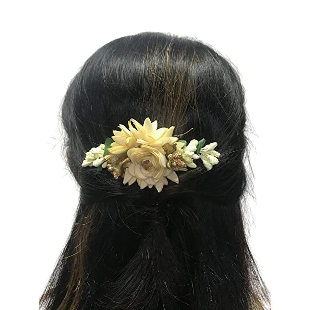 BBRATS Multicolour Pack of 3 Acrylic Comb Indo Western Embroidered Fancy Bridal Hair Clip/Side Pin/Comb Pin/Jooda Pin Hair Accessories with Cloth Rose Flower Embroidery for Women and Girls