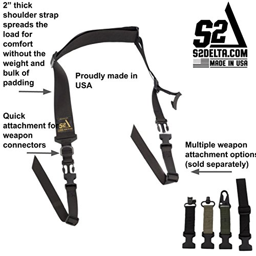 S2Delta - USA Made 2 Point Rifle Sling, Quick Adjustment, Modular Attachment Connections, Comfortable 2" Wide Shoulder Strap to 1" Attachment Ends (Black Sling, Pigtail Connector) - Thumbnail 3