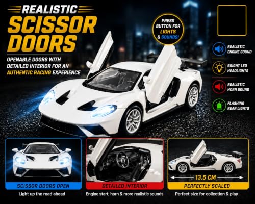 Image of TEC TAVAKKAL 1:36 Scale Diecast Metal Toy Car with Openable Doors, Pull-Back Action, LED Lights & Music - Premium Mini Sports Car Model for Kids & Collectors (Mclaren White Small)