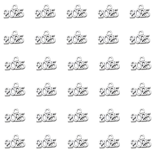 Ruwado 50 Pcs 2025 Charms Year Signet Bulk Antique Number Pendants for Jewelry Making Finding Craft Accessories Necklace Bracelets Keychain DIY Project Christmas Dcor (2025 Silver)