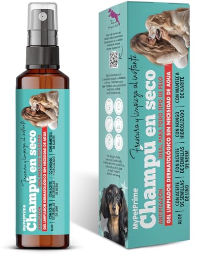 MyPetPrime Champú Seco en Gel para Perros | SIN Aclarado | Antiolor | Dermatológico | Higienizante, Antipicor | con Aceite de Semillas de Neem | Apto para Todas Las Razas | Sin Parabenos ni SIL