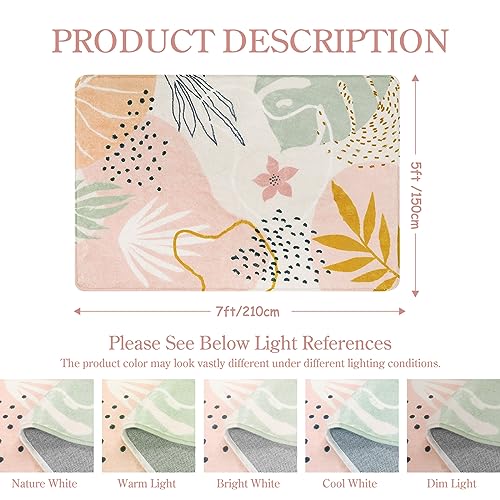 Lahome Pink Rug for Living Room - 5x7 Area Rug Washable Non-Slip Boho Rugs for Bedroom Throw Cute Soft Kids Nursery Rug, Abstract Botanical Print Carpet for Classroom Dorm Entryway Office Dining Room