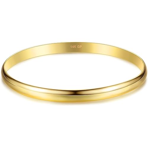 HAIAISO 6MM 14K Gold Plated Bracelet Bangle Bracelet for Women Plain Polished Bracelet Couple Valentines Day Gifts