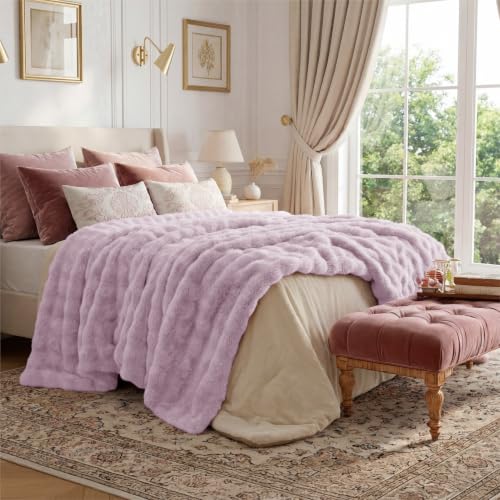 Image of Bedsure Fluffy Bubble Faux Fur Queen Blanket, 90 inchx90 inch, Light Purple