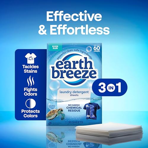 Image of Earth Breeze Laundry Detergent Sheets River Rain - 60 Loads - Eco Laundry Sheets - Travel Laundry Detergent Soap Sheets for Hot & Cold Cycles - Tackles Tough Stains & Odors - Gentle on Skin, 30 Ct