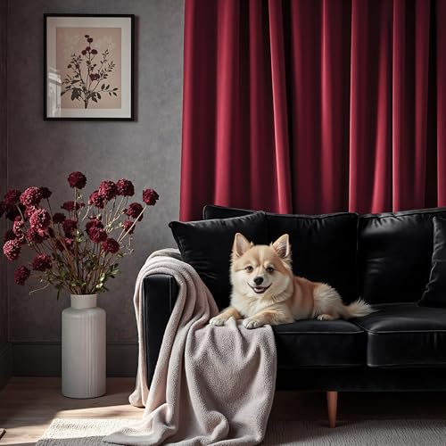 Image of Dark Red Velvet Curtains 96 Inches Long 2 Panels for Living Room Darkening Thermal Soundproof Thick Heavy Solid Textured Drapes for Master Bedroom Patio Door Doorway Room Dividers Decoration Burgundy