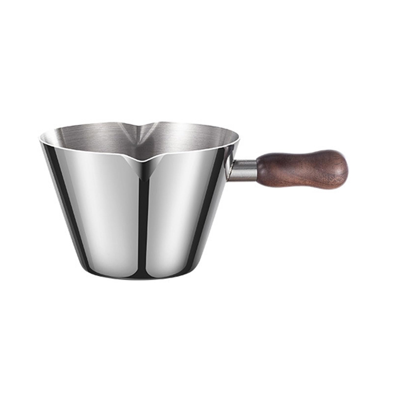 Tsophreniq 100ML Double Spout Metal Espresso Measuring Cup with Wood Handle and Scale Milk Frothing Pitcher for Coffee Latte Art Coffee Accessories