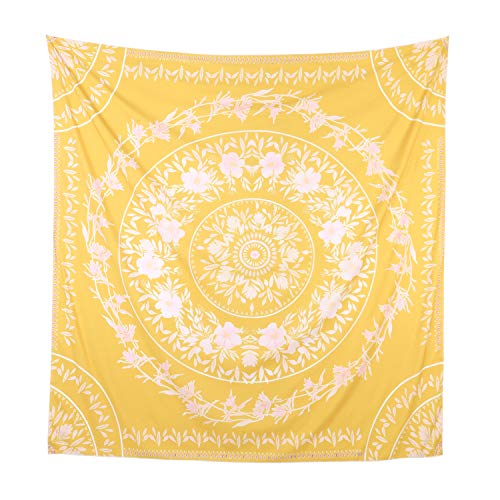 Simpkeely Sketched Floral Medallion Tapestry, India Yellow Wall Art Mandala Bohemian Hippie Wall Hanging Tapestries for Dorm Home Decoration 59” x 59”-Yellow