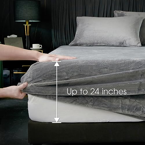 HYPREST Flannel Sheets King, Extra Deep Pocket Sheet Set Up to 24\" Inches,250 GSM Velvet Plush Fleece Sheets Warm No Slip Bed Sheet Sets Grey