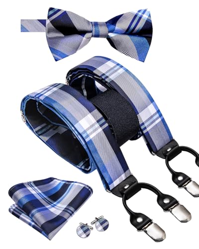Image of Hi-Tie Checked White Grey Blue Suspender Bowtie for Men Adjustable Y-Shape 6 Clips Trouser Braces Pre-Tied Bow Tie with Handkerchief Cufflinks