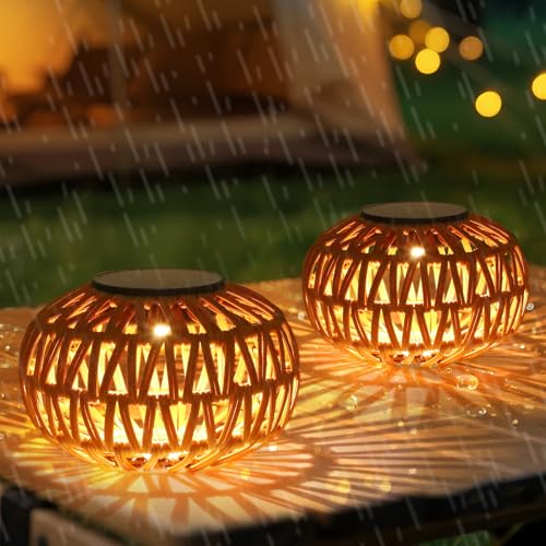 2 Pack Solar Lanterns Outdoor Waterproof, Outdoor Table Lamp Decor, Rattan Solar Lights Decorative, Small Tabletop Lantern Gifts for Mom, Grandma, Lantern Lights Outside for Garden, Yard, Steps