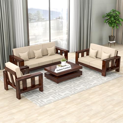Image of Wooden Sofa Set 6 Seater for Living Room - Solid Sheesham Wood Sofa 6 Seater (3+2+1) with Comfortable Cushion Seating | 6 Seater Sofa Wooden (Walnut, Haney 6 Seater 3+2+1)