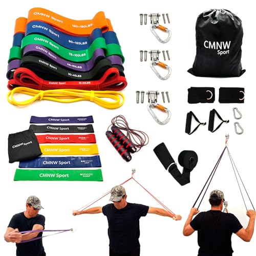 CMNW Gym en Casa 41 Pzas: 7 Elasticos Fitness Musculacion de Resistencia, 6 Mini Bandas, Anclaje Gancho Pared/Puerta, Asas,Tobilleras....